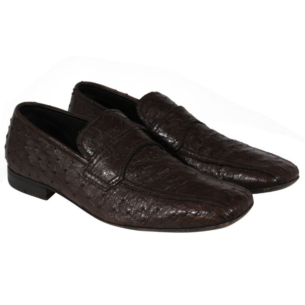 Prada Mens Penny Loafers US 8 UK 7 Brown Ostrich Leather Slip On Moccasin Shoe